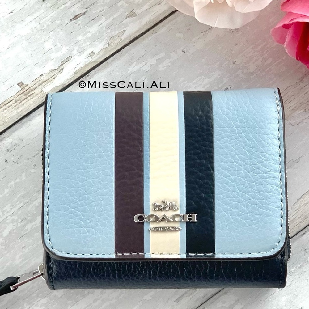 NWT COACH Small Trifold Wallet In Colorblock With Stripe Twilight Blue